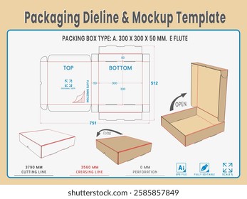 Packing Box Type A. 300 X 300 X 50 MM.  E Flute. Dieline Real Shape and Dimension. Mockup Template. Equipped die cut lengths prepared for production.