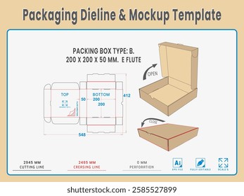 Packing Box Type B. 200 X 200 X 50 MM.  E Flute. Dieline Real Shape and Dimension. Mockup Template. Equipped die cut lengths prepared for production.