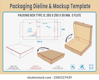 Packing Box Type D. 250 X 250 X 50 MM.  E Flute. Dieline Real Shape and Dimension. Mockup Template. Equipped die cut lengths prepared for production.