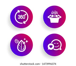 Packing boxes, 360 degrees and Dirty water icons simple set. Halftone dots button. Dating sign. Delivery box, Full rotation, Aqua drop. Love messenger. Business set. Vector