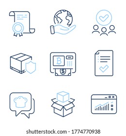 Packing boxes, Approved checklist and Delivery insurance line icons set. Diploma certificate, save planet, group of people. Bitcoin atm, Web traffic and Cooking hat signs. Vector