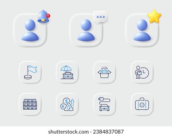 Packing boxes, Car insurance and Delivery man line icons. Placeholder with 3d star, reminder bell, chat. Pack of Car charge, Carry-on baggage, Fuel price icon. Milestone, Boxes shelf pictogram. Vector