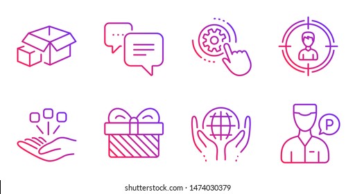 Packing boxes, Cogwheel settings and Organic tested line icons set. Headhunting, Dots message and Gift signs. Consolidation, Valet servant symbols. Delivery package, Engineering tool. Vector