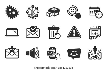 Packing boxes, Ferris wheel and Messenger mail icons simple set. Bacteria, Smile chat and Augmented reality signs. Approved mail, Loud sound and Laptop symbols. Flat icons set. Vector