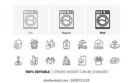 Packing boxes, Hat-trick and Location app line icons. Pack of Chemistry lab, Voting campaign, Vip table icon. Search puzzle, Skyscraper buildings, Face accepted pictogram. Wash hands. Vector