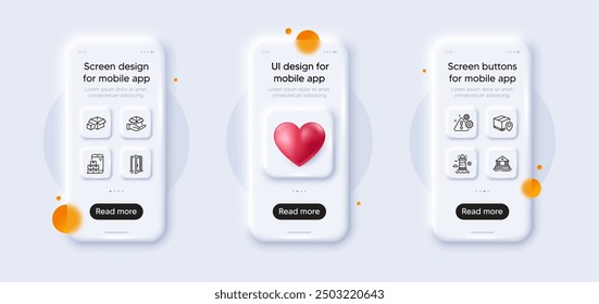 Packing boxes, Hold box and Lighthouse line icons pack. 3d phone mockups with heart. Glass smartphone screen. Mobile inventory, Open door, Parcel tracking web icon. Vector