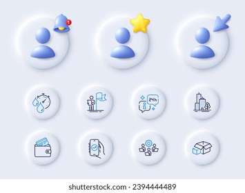 Packing boxes, Info and Skyscraper buildings line icons. Placeholder with 3d cursor, bell, star. Pack of Teamwork, Leadership, Debit card icon. Financial app, Timer pictogram. Vector