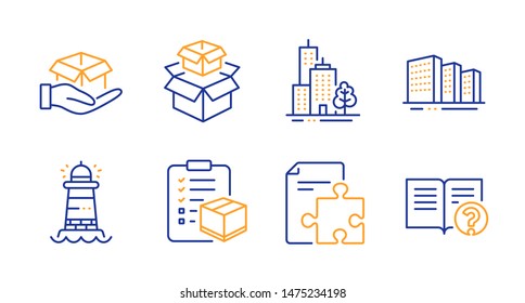 Packing boxes, Lighthouse and Buildings line icons set. Hold box, Strategy and Skyscraper buildings signs. Parcel checklist, Help symbols. Delivery box, Searchlight tower. Industrial set. Vector