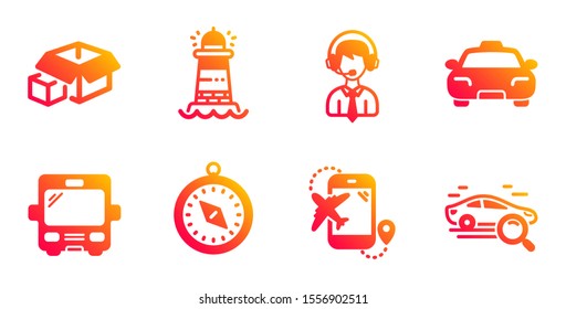 Packing boxes, Lighthouse and Taxi line icons set. Travel compass, Shipping support and Bus signs. Flight destination, Search car symbols. Delivery package, Searchlight tower. Vector