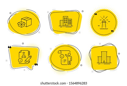 Packing boxes, Lighthouse and University campus signs. Chat bubbles. Manual doc, Buildings and Algorithm line icons set. Project info, Town apartments, Project. Delivery box. Industrial set. Vector