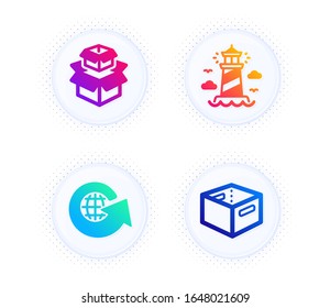 Packing boxes, Lighthouse and World globe icons simple set. Button with halftone dots. Office box sign. Delivery box, Beacon tower, Around the world. Transportation set. Vector