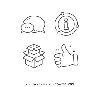 Packing boxes line icon. Chat bubble, info sign elements. Delivery parcel sign. Cargo box symbol. Linear packing boxes outline icon. Information bubble. Vector