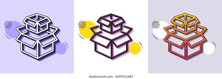 Icono de línea de cajas de embalaje. Patrón punteado de semitono. Icono de degradado con sombra de grano. Muestra de paquete de entrega. Símbolo de la caja de carga. Icono de cajas de embalaje de línea. Varios diseños. Vector