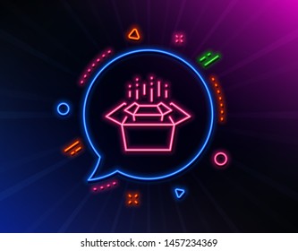 Packing boxes line icon. Neon laser lights. Delivery parcel sign. Cargo box symbol. Glow laser speech bubble. Neon lights chat bubble. Banner badge with packing boxes icon. Vector