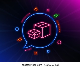 Packing boxes line icon. Neon laser lights. Delivery parcel sign. Cargo box symbol. Glow laser speech bubble. Neon lights chat bubble. Banner badge with packing boxes icon. Vector