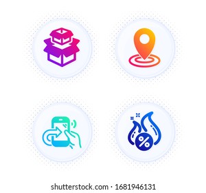 Cajas de empaquetado, iconos de llamada Ubicación y Compartir conjunto simple. Botón con puntos de tono medio. Signo de préstamo caliente. Cuadro de entrega, Puntero de mapa, Soporte telefónico. Oferta de descuento. Conjunto tecnológico. Vector