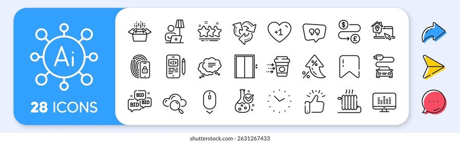 Packing boxes, Money transfer and Quote bubble line icons. Interest rate, AI generate, Inflation icons. Pack of Work home, Music making, Coffee delivery icon. Vector