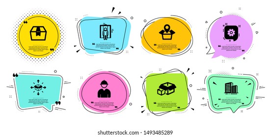 Packing boxes, Parcel delivery and Buildings line icons set. Chat bubbles with quotes. Engineer, Elevator and Cogwheel signs. Package box, Package location symbols. Vector