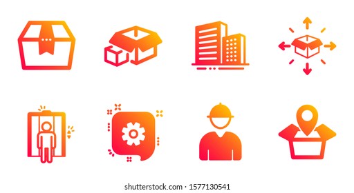 Packing boxes, Parcel delivery and Buildings line icons set. Engineer, Elevator and Cogwheel signs. Package box, Package location symbols. Logistics service, City architecture. Vector