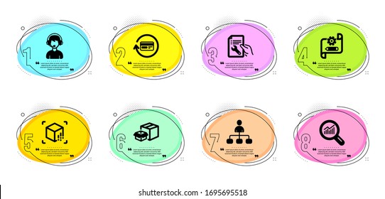 Packing boxes, Repair document and Management signs. Timeline infographic. Data analysis, Augmented reality and Cogwheel blueprint line icons set. Refund commission, Consultant symbols. Vector