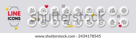 Packing boxes, Return package and Lighthouse line icons. White buttons 3d icons. Pack of Charging station, Fuel price, Connecting flight icon. Destination flag, Air balloon, Gps pictogram. Vector