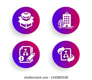 Packing boxes, Skyscraper buildings and Algorithm icons simple set. Halftone dots button. Technical algorithm sign. Delivery box, Town architecture, Project. Project doc. Industrial set. Vector