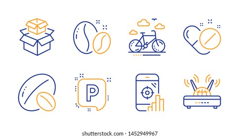 Packing boxes, Soy nut and Coffee beans line icons set. Seo phone, Parking and Bike rental signs. Medical pills, Wifi symbols. Delivery box, Vegetarian food. Business set. Vector
