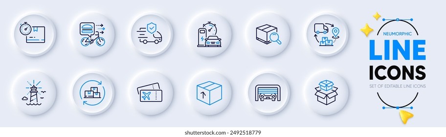 Cajas de embalaje, cadena de suministro e iconos de línea de paquete para el App de Web. Paquete de entrega de alimentos, seguro de transporte, iconos de pictograma de estación de carga. Garaje, Caja de cartón. Botones neumórficos. Vector