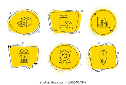 Packing Boxes, Survey And Scroll Down Signs. Chat Bubbles. Ranking Star, Hold Smartphone And Diagram Graph Line Icons Set. Winner Medal, Phone Call, Presentation Chart. Delivery Box. Vector