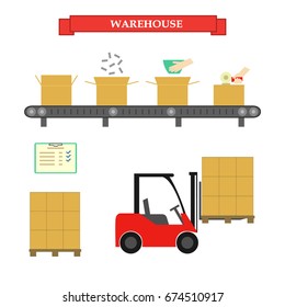 Packing boxes in the warehouse for shipment. Work in the stock. Vector illustration