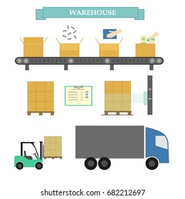 Packing boxes in the warehouse for shipment. Work in the stock. Vector illustration