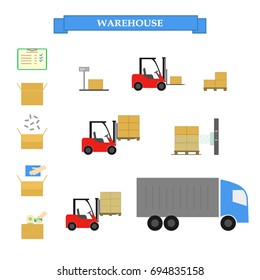 Packing boxes in the warehouse for shipment. Work in the stock. Vector illustration