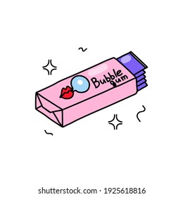 Packing bubble gum. Chewy sweetness. Doodle style. Vector illustration on isolated background. For stickers, patches, cards, invitations