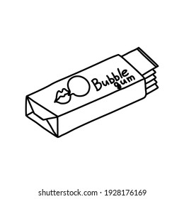 Packing bubble gum. Chewy sweetness. Doodle style. Vector illustration on isolated background. For stickers, patches, cards, invitations