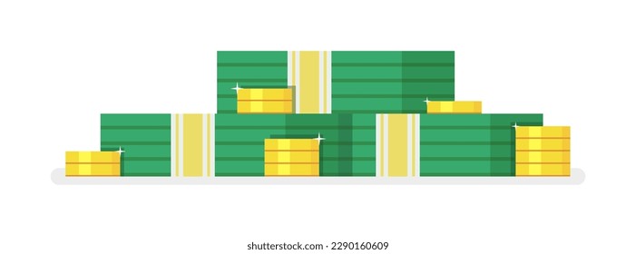 Packing in bundles of bank notes and gold coins on white background. Vector.