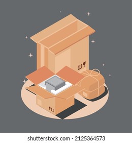 cajas de cartón de embalaje con gadget, isométrico
