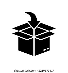 Packing Cardboard Pointing Arrow Down Inside Silhouette Icon. Put in Carton Parcel Box Freight Delivery Service Glyph Pictogram. Cargo Distribution Container Icon. Isolated Vector Illustration.