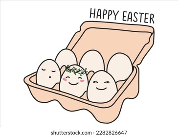 Packing with chicken eggs for the Easter holiday and a congratulatory inscription. Spring holiday with decorative eggs with cute faces. Vector illustration for a greeting card.