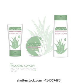 Packing concept with aloe vera. Three realistic cosmetic tube and jar with ready design. Vector Illustration