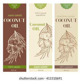 Packing concept for coconut oil. Layout, mockup design for organic oil, cosmetics shop natural and organic products.