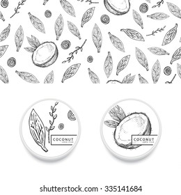 The packing concept with coconut. Vector tropical labels for the jar with the place for your text, seamless pattern on background (clipping mask). Botanical set perfectly for print, packing design.