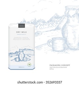 Packing concept for dry milk or cream. Soft package with the place for your text. Vector design with illustration in woodcut style on the background: meadow, pitcher, village. Eco-friendly product. 