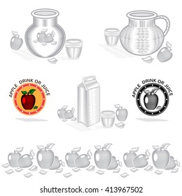 Packing concept element for apple juice or drink. Vector design with illustration in woodcut or engraving style