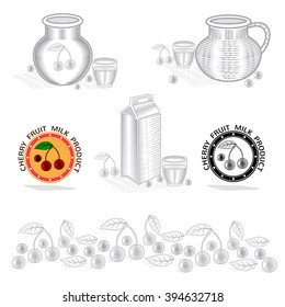 Packing concept element for dry cherry yogurt or cream. Vector design with illustration in woodcut or engraving style