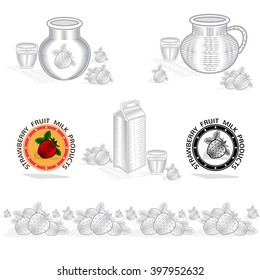 Packing concept element for dry strawberry milk or cream. Vector design with illustration in woodcut or engraving style