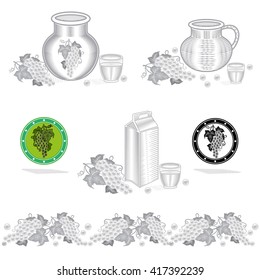 Packing concept element for grapes juice or wine. Vector design with illustration in engraving style