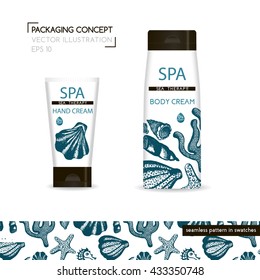Packing concept with hand drawn sea shells .Three realistic cosmetic tube and jar with ready design. Seamless pattern for design in swatches. Vector Illustration