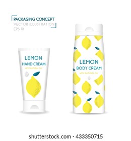 Packing concept with lemon. Three realistic cosmetic tube and jar with ready design. Vector Illustration