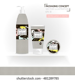 Packing concept in monochrome style. Three realistic cosmetic tube and jar on shelf with ready design. Seamless pattern for design in swatches. Vector Illustration