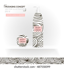Packing concept in monochrome style. Three realistic cosmetic tube and jar on shelf with ready design. Seamless pattern for design in swatches. Vector Illustration